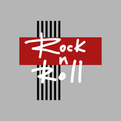 Isolated white Rock n Roll graffiti tag on a black and red cross on a gray background. Handwritten phrase for album cover, for design t-shirt, postcard, prints, stickers or social media. Vector