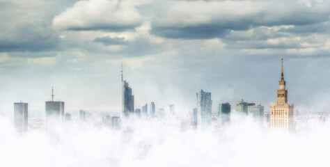 Top view from over misty Warsaw - obrazy, fototapety, plakaty