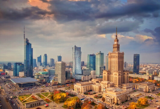 A beautiful view of the city center of Warsaw, the capitals of Poland