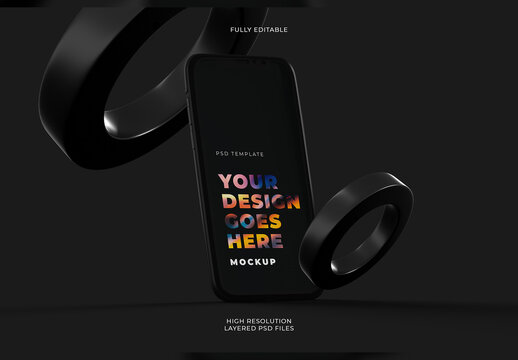 Close-Up Detailed Vertical Black Smartphone Mockup in Dark Style with Floating Rings