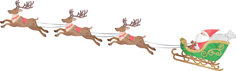 トナカイのそりに乗っているサンタクロース 　手描き水彩風 © fuwari