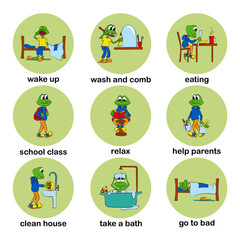 Daily routine of baby. Way of life of schoolboy. Baby frog performing various tasks during the day. Bright vector illustration.