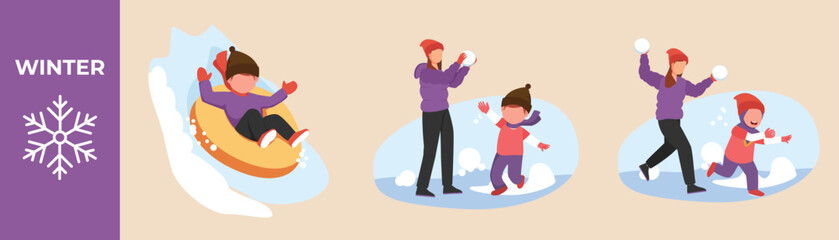 Happy boy, girl and mom playing snow  in winter. Winter activity set. Vector flat cartoon illustration of outdoor fun activities.