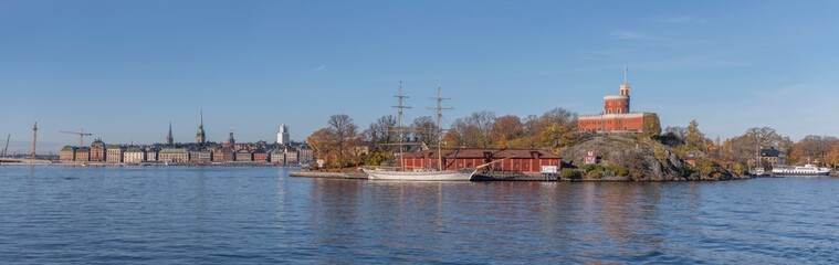 Panorama view, islands old town Gamla Stan the castle island Kastellholmen a colorful autumn day in Stockholm