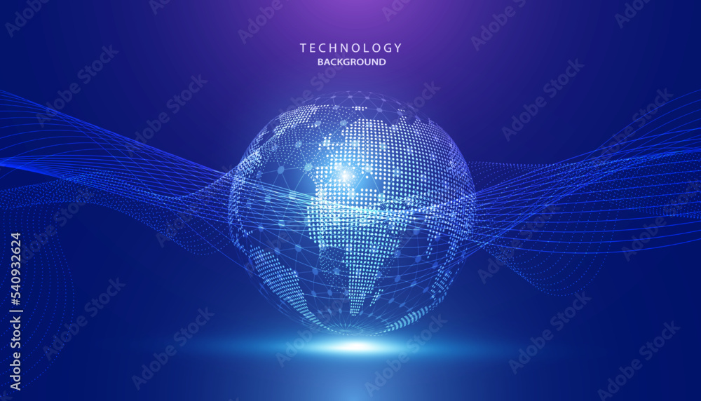Poster abstract global dot network circle digital connection and point curve wave communication futuristic 