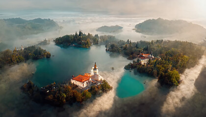 AI generated image of aerial view of Slovenia landscape around Lake Bled 