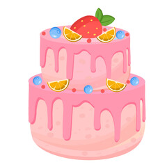 Colorful birthday cake decorated with melted strawberries biscuit, orange and berries