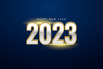 happy new year 2023 background banner shiny silver gold text dark blue navy color template. Holiday greeting card design.