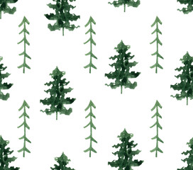 Hand drawn watercolor fir trees seamless pattern.