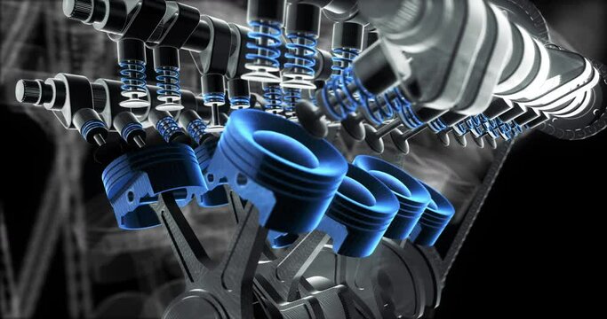 Close Up V8 Engine Animation With Moving Engine Parts. Machines And Industry Related 4K 3D Animation.
