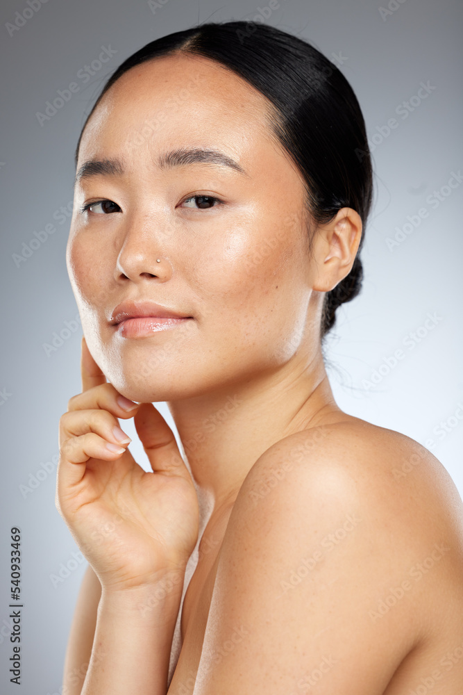 Poster Skincare, beauty and woman with facial care against a grey studio background. Face portrait of a calm, wellness and cosmetics model with smile for cosmetic health, dermatology and luxury makeup