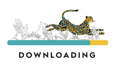High-speed loading. Running cheetah. Waiting for website upload. Digital reboot line. Computer interface with load progress indicator and funny animal. Vector concept of Fast downloading.