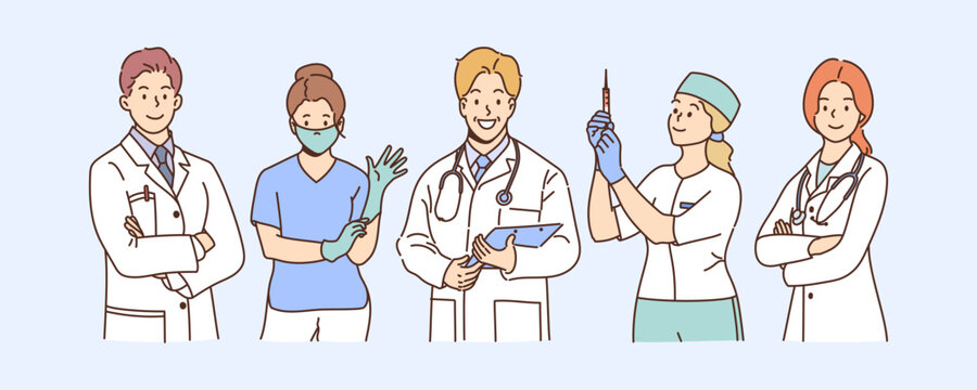 Set with smiling doctors and nurses in uniform. Collection portrait of happy nurse and surgeon in clinic or hospital. Concept of medical personnel and medicine. Vector illustration in hand drawn style