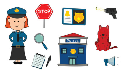 Illustration vector graphic Hand drawn color of police women officer with equipment and tools, police icon