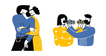 girlfriend surrounding and hugging or embracing young woman. Friends' support, care, love and acceptance concept. True friendship. Bright colored vector illustration in flat cartoon style.