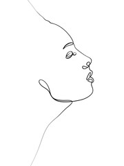 A woman face is rising from the water is drawn in one line art style. Printable art. Tattoo design.