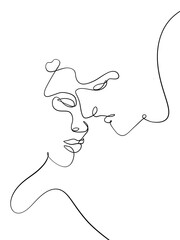 A couple having a romantic moment is drawn in one line art style. Printable art. Tattoo design.