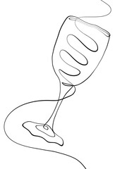 A wine glass is drawn in one line art style. Printable art. Tattoo design.