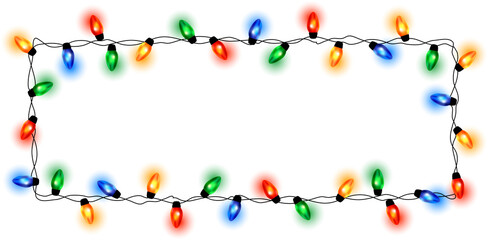 Christmas lights border, light string frame. Colorful Christmas frame with light bulb. Christmas lights decorative garland. Transparent decorative garland. Xmas light border effect. Holiday design © Katsiaryna Hatsak