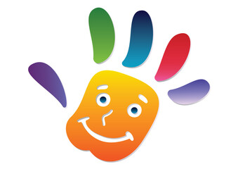 Colorful Kid Hand. Happy Face. Logo. Colorful Hand Isolated on white background