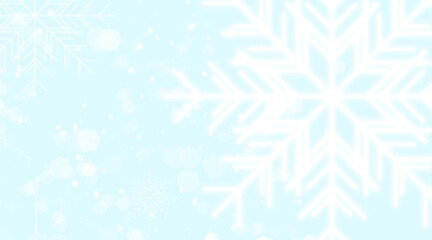 Fototapeta na wymiar Blue banner with a large white snowflake and blurry lights. Christmas illustration with white snowflakes on a light blue background with highlights.
