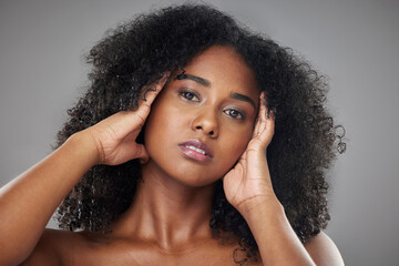 Black woman, hair and skin, beauty and natural makeup advertising, skincare and facial treatment...