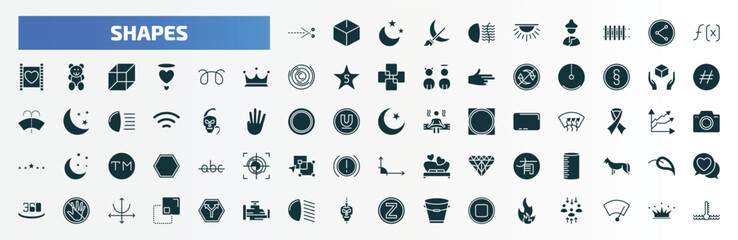 shapes filled icons set. flat icons such as cut here, fog light, function, glowplug, handle with care, islamic moon, cylinder volumetric, no push, low beam, fire over line glyph icons.