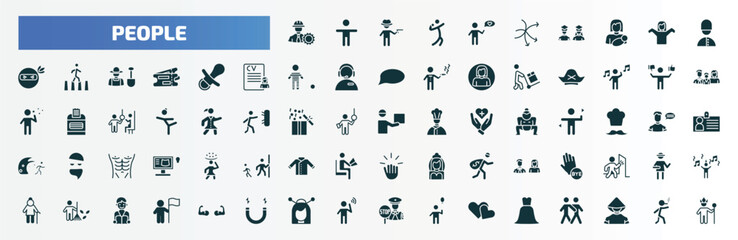 people filled icons set. flat icons such as constructor, man thinking about love, queens guard, baby pacifier, preference, curier, goodbye, landkeeper, japanese geisha, bride dress glyph icons.