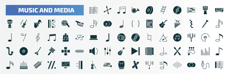 music and media filled icons set. flat icons such as stave, cymbal, amplifier, globe with pointer, oboe, photo camera, drumsticks, organ, violoncello, playlist glyph icons.