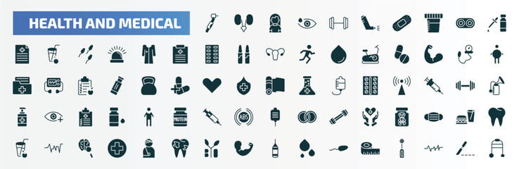 health and medical filled icons set. flat icons such as dental drill, gym, serum, patient robe, tonometer, yoga mat, poisonous, beat, bio, measure tape glyph icons.