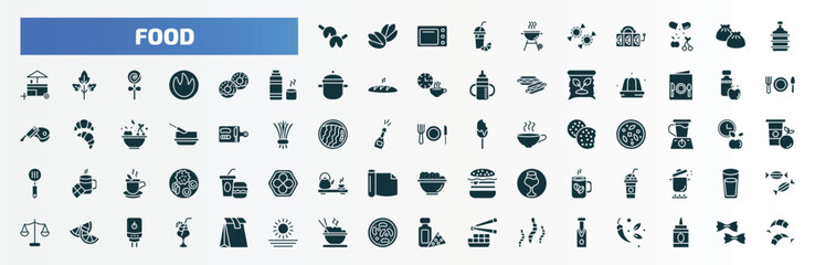 food filled icons set. flat icons such as fortune cookie, grill, water container, donuts, cider, plate and utensils, milk shake, lemon slice, dandan noodles, sparkling wine glyph icons.