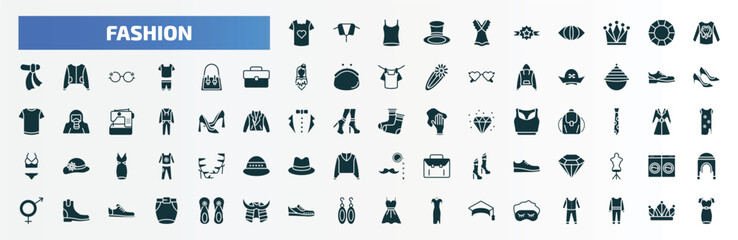 fashion filled icons set. flat icons such as t shirt with heart, summer dress, man printing, handbag elegant de, men shoe, warm sock, jewel, boot for women, gym shoes, sleeping mask glyph icons.