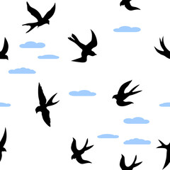 Seamless pattern of black swallows. Black silhouette on a white background.  swarm of swallows. contours of flying birds. vector illustration isolated on white background.