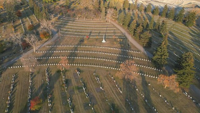 Aerial view of Burnsland Cemetery and Union Cemetery in Calgary Alberta
