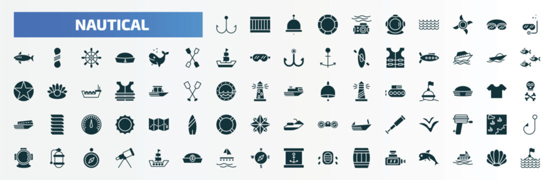 nautical filled icons set. flat icons such as fishing hook, water resist camera, snorkel, whale, speed boat, ferry facing right, seagull, air tank, wood raft, ship engine glyph icons.