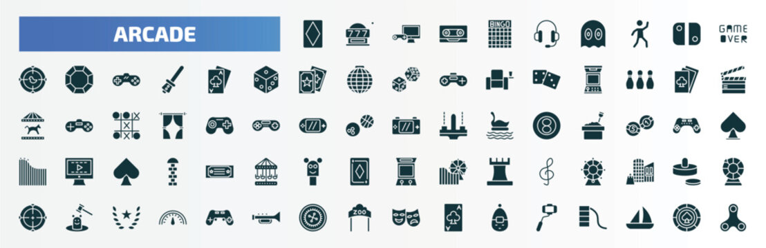 Arcade Filled Icons Set. Flat Icons Such As Diamond Ace, Bingo, Game Over, Card Game, Gambler, Handheld Game, Spinning Wheel, Whack A Mole, Roulette, Selfie Stick Glyph Icons.