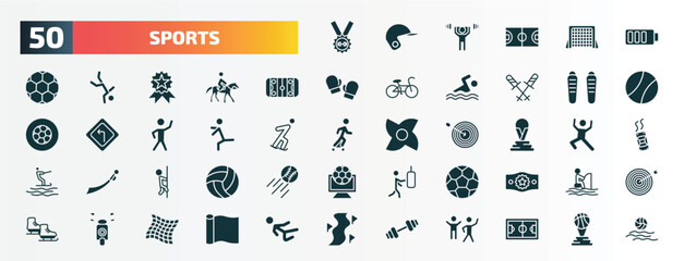 set of 50 filled sports icons. flat icons such as weight lifting medal, batter, hockey arena, shin guards, dancer motion, world cup, climber, football ball, motor sports, gym weight glyph icons.