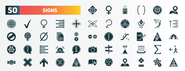 set of 50 filled signs icons. flat icons such as toxic material, map and map pointer, addition, kitesurf, text documents, , align left, wireless receptor, cross, toxic warning glyph icons.