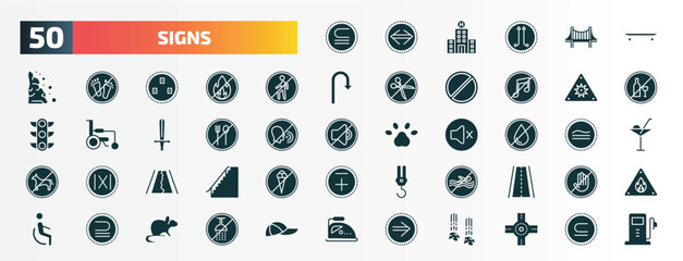 set of 50 filled signs icons. flat icons such as is not a sub, skateboard, no entry, uv ray warning, no food, no water, road collapse, swimming, is a sub of, implies if glyph icons.