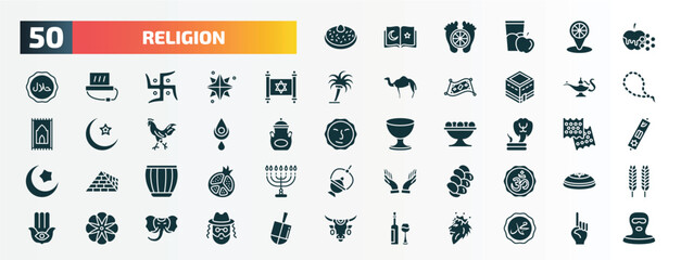 set of 50 filled religion icons. flat icons such as sufganiyah, and honey, judaism, genie lamp, bindi, cobra, tablas, challah, flowers, hebrew wine glyph icons.