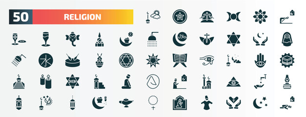set of 50 filled religion icons. flat icons such as ramadan sunrise, ruku posture, ramadan iftar, muslim praying hands, easter bunny, isha, inclined fish, small mosque, maghrib prayer, islamic pray