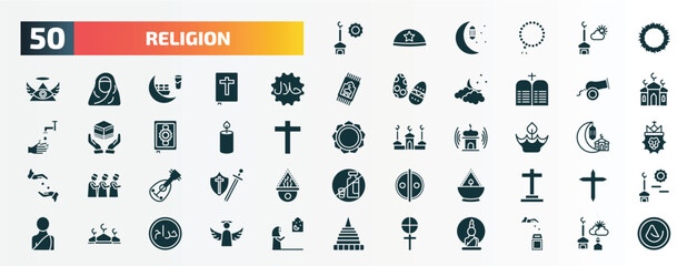 set of 50 filled religion icons. flat icons such as zuhr prayer, crown of thorns, halal, eyd gun, candle, diwali, oud, ner tamid, abrahamic, gticism glyph icons.