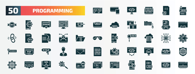 set of 50 filled programming icons. flat icons such as theme, , seo tools, game development, simulation, data storage, web domain, optimization, 404 error, ux de glyph icons.