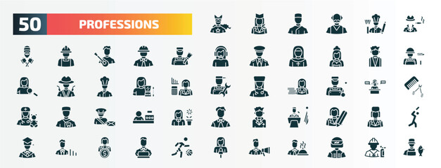 set of 50 filled professions icons. flat icons such as superhero, mafia, painter, butler, makeup artist, welder, postman, president, statistician, marketing manager glyph icons.