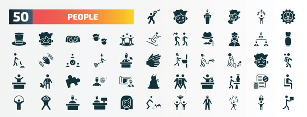 set of 50 filled people icons. flat icons such as man with big key, perfect worker, team success, businessmen hierarchy, witch flying broom, sweeper working, mind game, chemist working, pulling