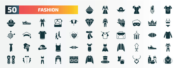 set of 50 filled fashion icons. flat icons such as samurai japanese hat, t shirt with heart, collar, monarchy, woman boots, ties on hanger, round hat, jacket with buttons, tux, cylinder hat glyph
