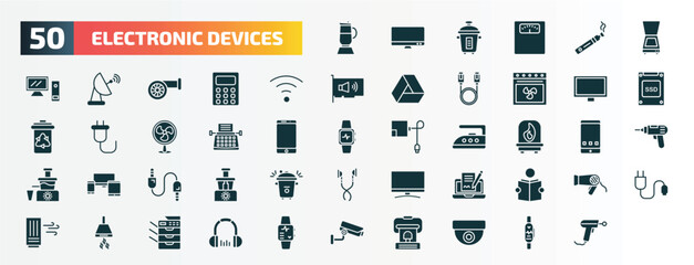 Fototapeta na wymiar set of 50 filled electronic devices icons. flat icons such as pertor, scanner, wireless internet, lcd, typewriter, iron, devices, smart tv, air purifier, video surveillance glyph icons.