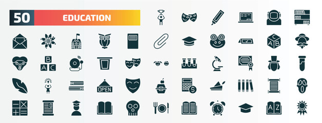 set of 50 filled education icons. flat icons such as man with trophy, book shelf, book of black cover, block with letters, lectern, diploma, books couple, robin hood, manuscript, reading glyph