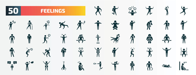 set of 50 filled feelings icons. flat icons such as positive human, stupid human, awful human, special aggravated sad drunk surprised stressed energized glyph icons.