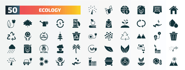 set of 50 filled ecology icons. flat icons such as tree of love, green home, biofuel, save energy, christmas trees, snowy mountains, 100 percent natural, two leaves, eco energy car, coal glyph